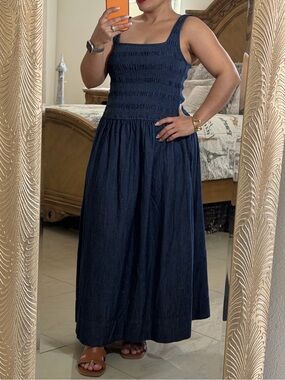 Free Assembly Women’s Navy Blue Denim Square-Neck Smocked Maxi Dress